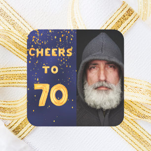 70th birthday cheers to 70 gold balloon text blue square sticker
