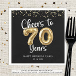 70th Birthday Cheers to 70 Years Black Gold Napkin<br><div class="desc">Celebrate a 70th birthday for him or her with these modern and festive personalised party paper napkins featuring the title CHEERS TO 70 YEARS with faux metallic gold balloon numbers and script typography, gold confetti and your custom text in your choice of background colour (shown in black). ASSISTANCE: For help...</div>