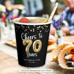 70th Birthday Cheers to 70 Years Black Gold Paper Cups<br><div class="desc">Celebrate a 70th birthday for him or her with these modern and festive personalised party paper plates featuring the title CHEERS TO 70 YEARS with faux metallic gold balloon numbers and script typography, gold confetti and your custom text in your choice of background colour (shown in black). ASSISTANCE: For help...</div>