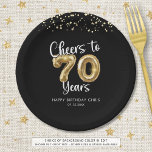 70th Birthday Cheers to 70 Years Black Gold Paper Paper Plate<br><div class="desc">Celebrate a 70th birthday for him or her with these modern and festive personalised party paper plates featuring the title CHEERS TO 70 YEARS with faux metallic gold balloon numbers and script typography, gold confetti and your custom text in your choice of background colour (shown in black). ASSISTANCE: For help...</div>