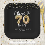 70th Birthday Cheers to 70 Years Black Gold Paper Paper Plate<br><div class="desc">Celebrate a 70th birthday for him or her with these modern and festive personalised party paper plates featuring the title CHEERS TO 70 YEARS with faux metallic gold balloon numbers and script typography, gold confetti and your custom text in your choice of background colour (shown in black). ASSISTANCE: For help...</div>