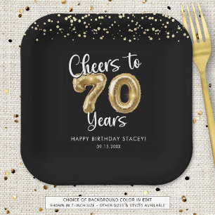 70th Birthday Cheers to 70 Years Black Gold Paper Paper Plate