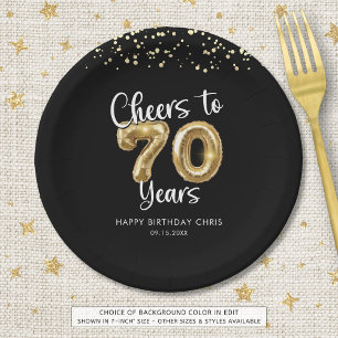 70th Birthday Cheers to 70 Years Black Gold Paper Plate