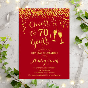 70th Birthday - Cheers To 70 Years Gold Red Invitation