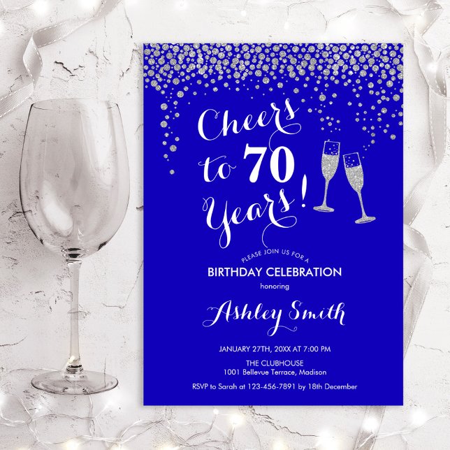 70th Birthday - Cheers To 70 Years Royal Blue Invitation (Creator Uploaded)