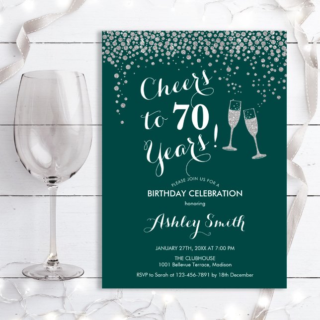 70th Birthday - Cheers To 70 Years Silver Green Invitation (Creator Uploaded)