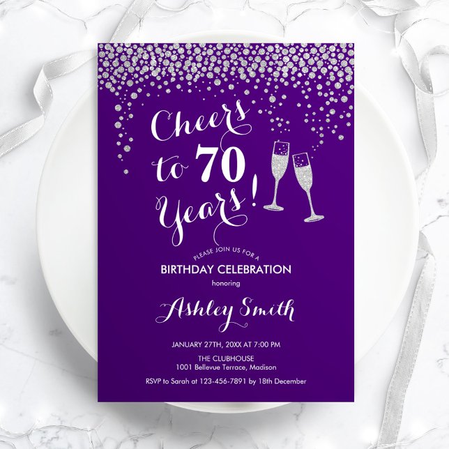 70th Birthday - Cheers To 70 Years Silver Purple Invitation (Creator Uploaded)
