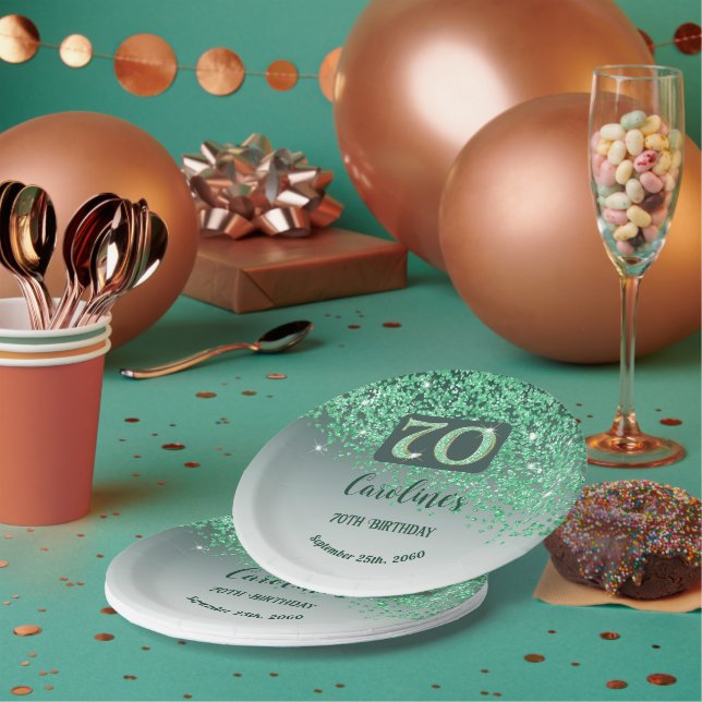 70th Birthday Chic Falling Green Glitter Paper Plate (Multi)