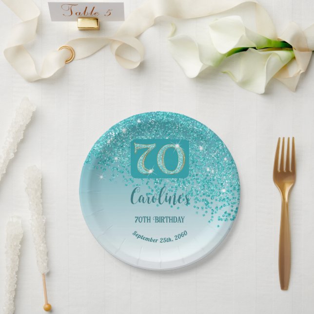 70th Birthday Chic Falling Teal Blue Glitter Paper Plate (Wedding)