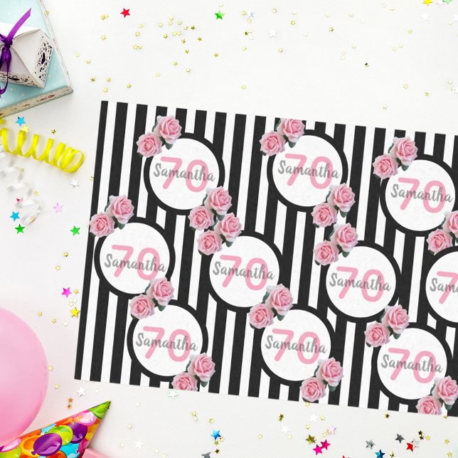 70th birthday chic pink roses black white stripes tissue paper (Creator Uploaded)