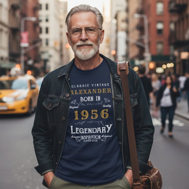 70th Birthday Classic Vintage 1956 Legendary Blue T-Shirt (1956 birthday t-shirt worn by a man in a city.)