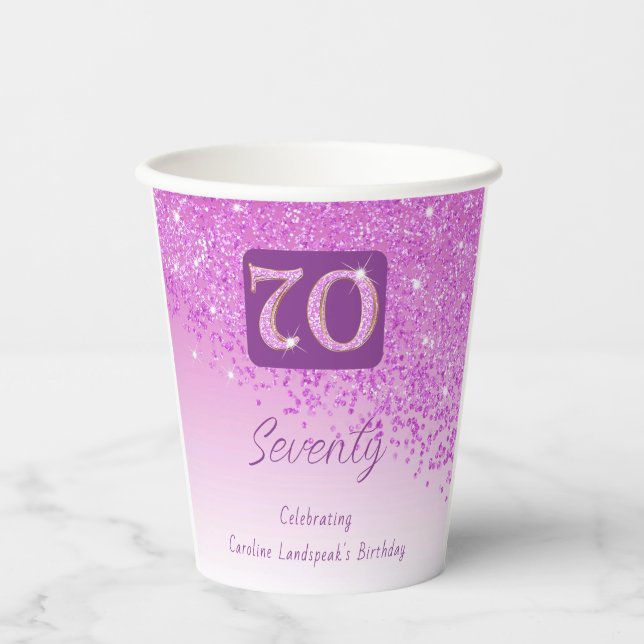 70th Birthday Classy Falling Pink Glitter Paper Cups (Front)