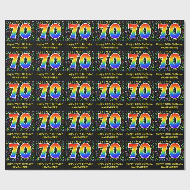 70th Birthday: Colorful Music Symbols, Rainbow 70 Wrapping Paper (Flat)