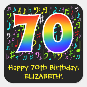 70th Birthday: Colourful Music Symbols, Rainbow 70 Square Sticker