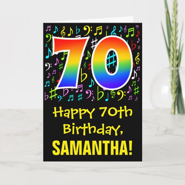 70th Birthday: Colourful Music Symbols + Rainbow 7 Card (Front)