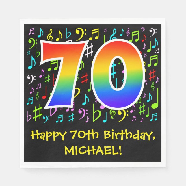 70th Birthday - Colourful Music Symbols, Rainbow 7 Napkin (Front)