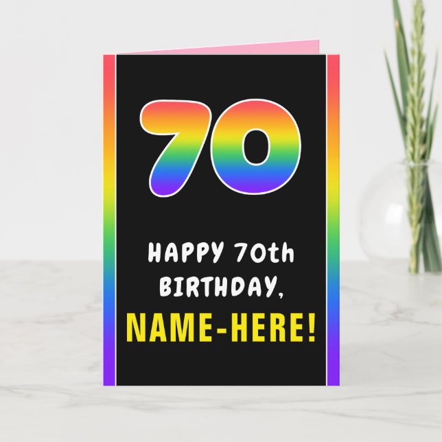 70th Birthday: Colourful Rainbow # 70, Custom Name Card (Front)