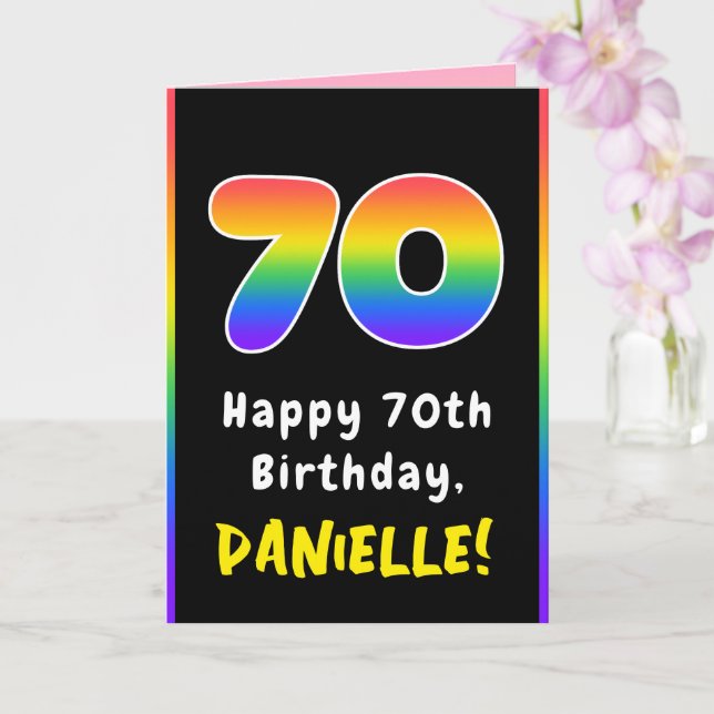 70th Birthday: Colourful Rainbow # 70, Custom Name Card (Orchid)
