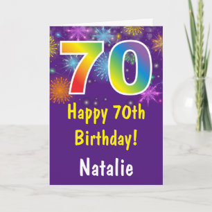 70th Birthday Colourful Rainbow Fireworks Purple Card