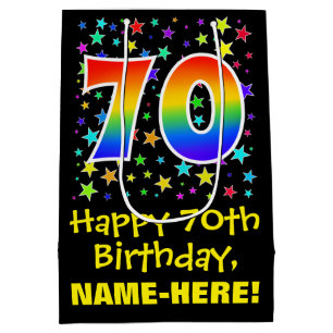 70th Birthday: Colourful Stars Pattern & Rainbow 7 Medium Gift Bag