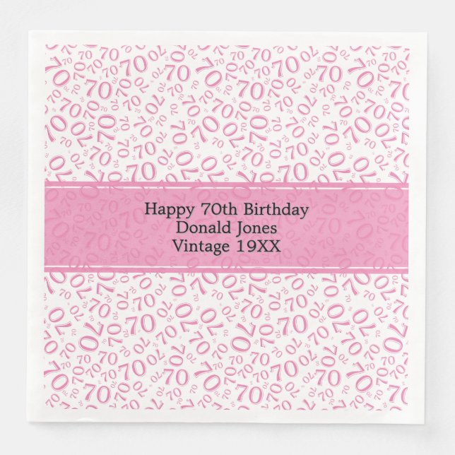 70th Birthday Cool Number Pattern Pink/White Napkin (Front)