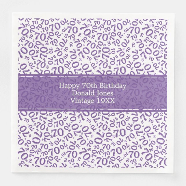 70th Birthday Cool Number Pattern Purple/White Napkin (Front)