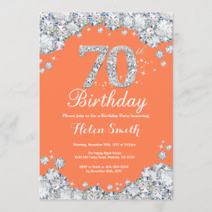 70th Birthday Coral and Silver Diamond Invitation