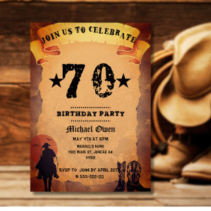 70th birthday cowboy old paper horse riding party invitation
