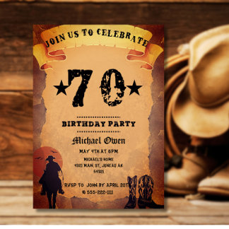 70th birthday cowboy old paper horse riding party invitation