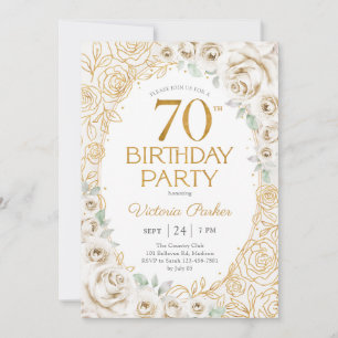 70th Birthday Cream Gold Floral Feminine Invitation