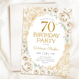 70th Birthday Cream Gold Floral Feminine Invitation