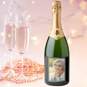 70th birthday custom photo chic black white wine label