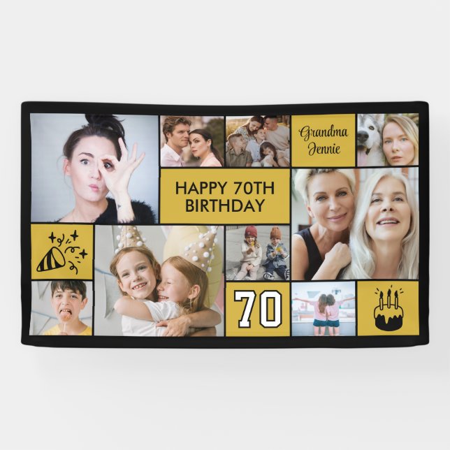 70th Birthday Custom Photo Collage Black Gold Banner (Horizontal)