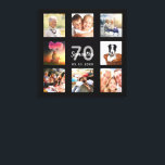 70th birthday custom photo collage black monogram canvas print<br><div class="desc">A unique 70th birthday gift or keepsake, celebrating her life with a collage of 8 of your photos. Add images of her family, friends, pets, hobbies or dream travel destination. Personalise and add a name, age 70 and a date. Grey and white coloured letters. A chic black background. This canvas...</div>