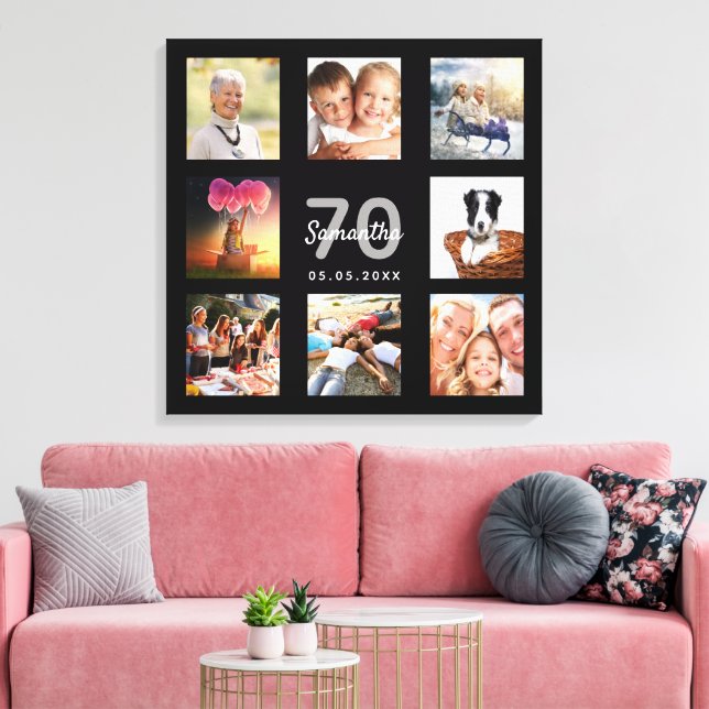 70th birthday custom photo collage black monogram canvas print (Insitu(LivingRoom))