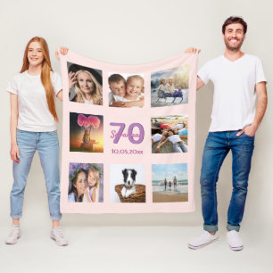 70th birthday custom photo collage rose gold pink fleece blanket