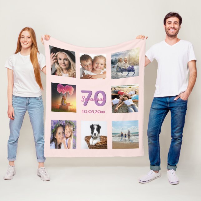 70th birthday custom photo collage rose gold pink fleece blanket (In Situ)