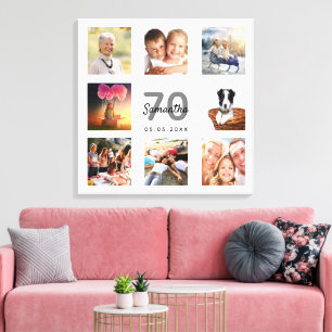70th birthday custom photo collage white monogram canvas print