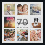 70th birthday custom photo collage white monogram faux canvas print<br><div class="desc">A unique 70th birthday gift or keepsake, celebrating her life with a collage of 8 of your photos. Add images of her family, friends, pets, hobbies or dream travel destination. Personalise and add a name, age 70 and a date. Grey and black coloured letters. A chic white background. This canvas...</div>