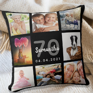 70th birthday custom photo collage woman black cushion