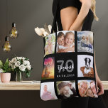 70th birthday custom photo collage woman black tote bag<br><div class="desc">A unique gift for a woman's 70th birthday, celebrating her life with a collage of 8 of your own photos, pictures. Personalise and add her name, age 70 and a date. A chic black background. Grey and white letters and numbers. The name is written with a modern hand lettered style...</div>