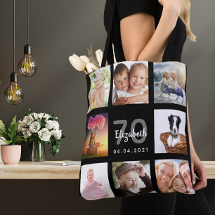 70th birthday custom photo collage woman black tote bag