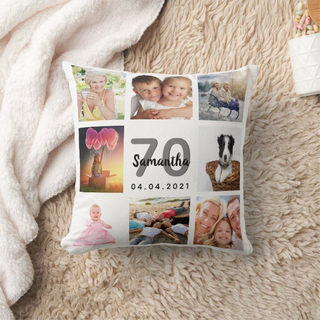 70th birthday custom photo collage woman white cushion (Blanket)