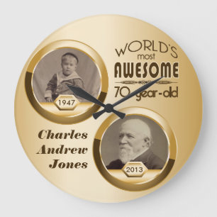 70th Birthday Customised Then Now Gold Photo Frame Large Clock