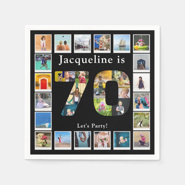 70th Birthday Design Your own Photo Collage Black Napkin (Front)