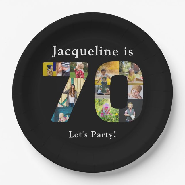 70th Birthday Design Your own Photo Collage Black Paper Plate (Front)