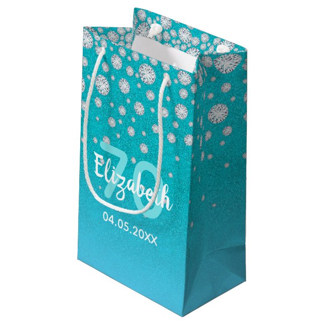 70th birthday diamonds glitter teal blue green small gift bag (Back Angled)