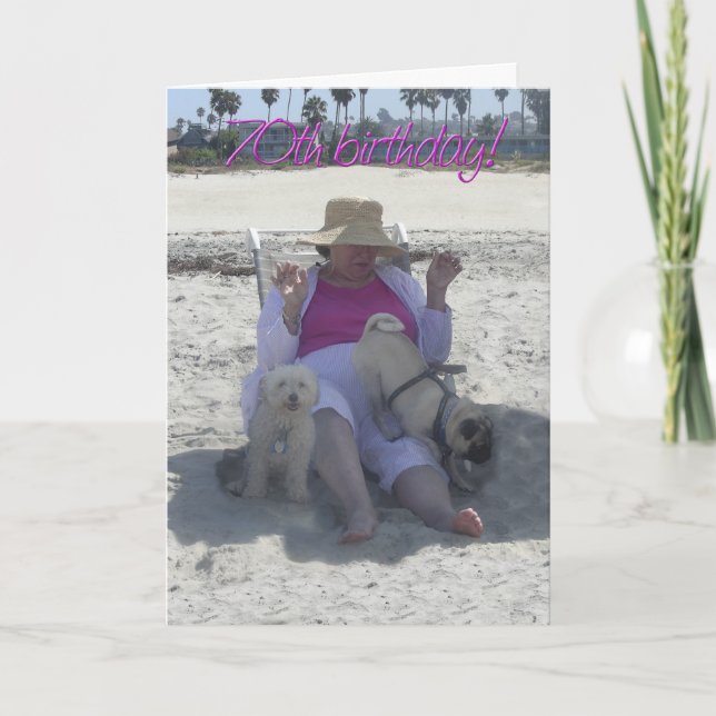 70th birthday, dogs, beach card. card (Front)