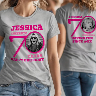 70th Birthday doubled sided photo name pink text T-Shirt
