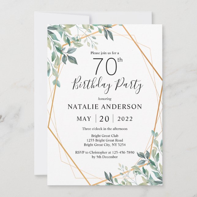 70th Birthday Elegant Eucalyptus Greenery and Gold Invitation (Front)
